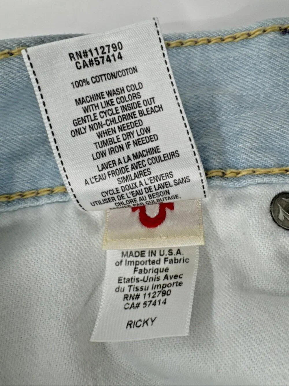 True Religion Jeans Mens 38x34 Ricky Light Blue Denim Distressed Flap Pockets